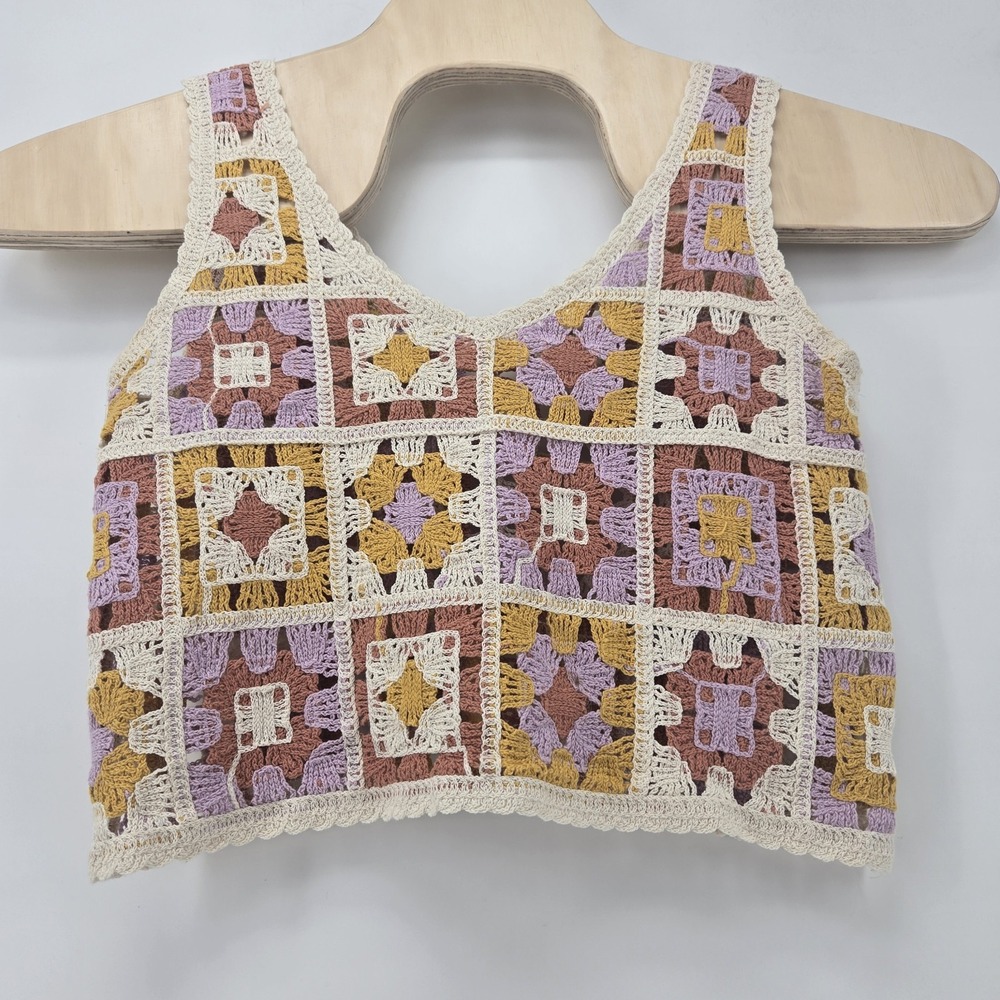 Rebellion Again Granny Square Crochet Crop Top Women's M Boho Patchwork Festival
